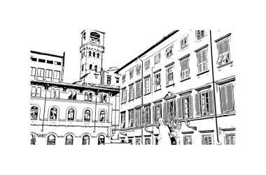 Lucca 'nın simgesi olan Print Building Manzarası İtalya' daki bir şehirdir. Vektörde elle çizilmiş çizim çizimi.