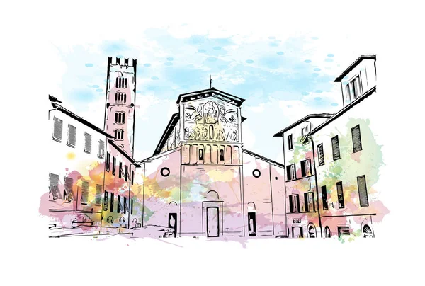 Imprimir Vista Del Edificio Con Hito Lucca Ciudad Italia Salpicadura — Vector de stock