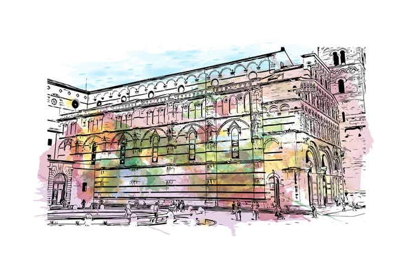 Print Building View Landmark Lucca Staden Italien Akvarell Stänk Med — Stock vektor