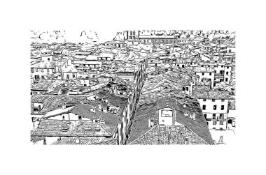 Lucca 'nın simgesi olan Print Building Manzarası İtalya' daki bir şehirdir. Vektörde elle çizilmiş çizim çizimi.