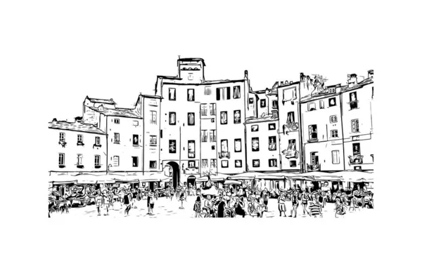 Print Building View Landmark Lucca Staden Italien Handritad Skiss Illustration — Stock vektor