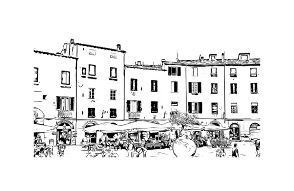 带有卢卡地标的印刷建筑景观是意大利的一个城市 矢量手绘草图 — 图库矢量图片