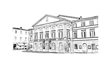 Lucca 'nın simgesi olan Print Building Manzarası İtalya' daki bir şehirdir. Vektörde elle çizilmiş çizim çizimi.