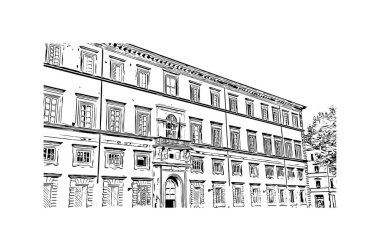 Lucca 'nın simgesi olan Print Building Manzarası İtalya' daki bir şehirdir. Vektörde elle çizilmiş çizim çizimi.