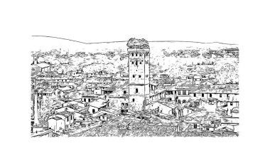 Lucca 'nın simgesi olan Print Building Manzarası İtalya' daki bir şehirdir. Vektörde elle çizilmiş çizim çizimi.