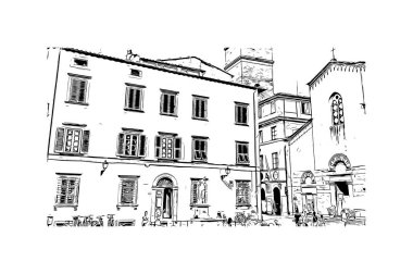 Lucca 'nın simgesi olan Print Building Manzarası İtalya' daki bir şehirdir. Vektörde elle çizilmiş çizim çizimi.
