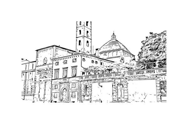 Drukuj Widok Budynku Zabytkiem Lucca Jest Miasto Włoszech Ręcznie Rysowany — Wektor stockowy