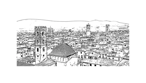 Vytisknout Pohled Budovu Orientačním Bodem Města Lucca Město Itálii Ručně — Stockový vektor