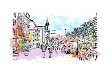 İsviçre 'nin başkenti Lucerne' nin simgesi olan Print Building View 'dir. Vektörde elle çizilmiş resim ile suluboya sıçraması.