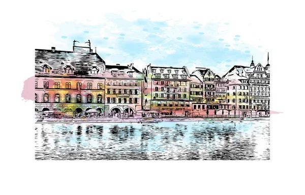 Print Building View Landmark Lucerne Város Svájcban Akvarell Splash Kézzel — Stock Vector