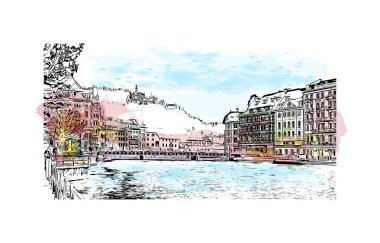 İsviçre 'nin başkenti Lucerne' nin simgesi olan Print Building View 'dir. Vektörde elle çizilmiş resim ile suluboya sıçraması.