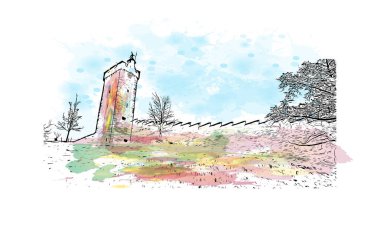 İsviçre 'nin başkenti Lucerne' nin simgesi olan Print Building View 'dir. Vektörde elle çizilmiş resim ile suluboya sıçraması.