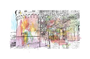 İsviçre 'nin başkenti Lucerne' nin simgesi olan Print Building View 'dir. Vektörde elle çizilmiş resim ile suluboya sıçraması.