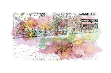 İsviçre 'nin başkenti Lucerne' nin simgesi olan Print Building View 'dir. Vektörde elle çizilmiş resim ile suluboya sıçraması.