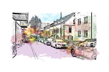 İsviçre 'nin başkenti Lucerne' nin simgesi olan Print Building View 'dir. Vektörde elle çizilmiş resim ile suluboya sıçraması.