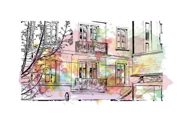 İsviçre 'nin başkenti Lucerne' nin simgesi olan Print Building View 'dir. Vektörde elle çizilmiş resim ile suluboya sıçraması.