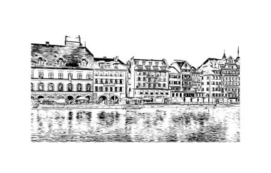 İsviçre 'nin başkenti Lucerne' nin simgesi olan Print Building View 'dir. Vektörde elle çizilmiş çizim çizimi.
