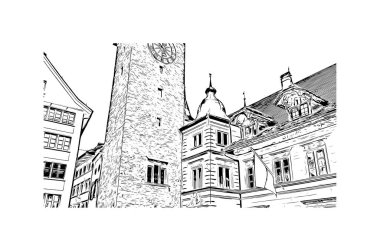 İsviçre 'nin başkenti Lucerne' nin simgesi olan Print Building View 'dir. Vektörde elle çizilmiş çizim çizimi.