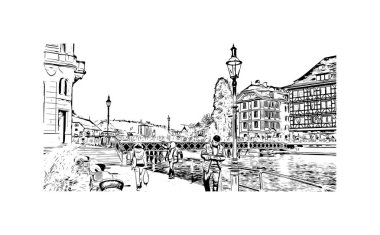 İsviçre 'nin başkenti Lucerne' nin simgesi olan Print Building View 'dir. Vektörde elle çizilmiş çizim çizimi.