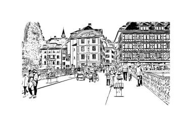 İsviçre 'nin başkenti Lucerne' nin simgesi olan Print Building View 'dir. Vektörde elle çizilmiş çizim çizimi.