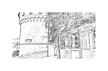 İsviçre 'nin başkenti Lucerne' nin simgesi olan Print Building View 'dir. Vektörde elle çizilmiş çizim çizimi.