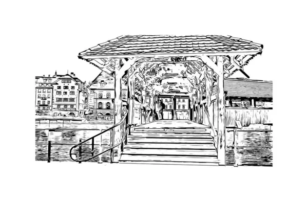 Print Building View Landmark Lucerne City Switzerland Hand Drawn Sketch — Stock Vector