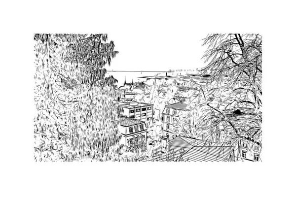 Print Вид Здание Достопримечательностью Люцерна Город Швейцарии Ручной Рисунок Векторе — стоковый вектор