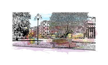 Print Building view of Lugano, İsviçre 'nin güneyinde yer alan bir şehirdir. Vektörde elle çizilmiş resim ile suluboya sıçraması.