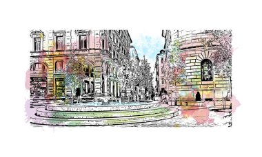 Print Building view of Lugano, İsviçre 'nin güneyinde yer alan bir şehirdir. Vektörde elle çizilmiş resim ile suluboya sıçraması.