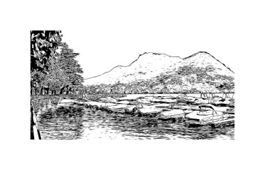 Print Building view of Lugano, İsviçre 'nin güneyinde yer alan bir şehirdir. Vektörde elle çizilmiş çizim çizimi.