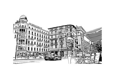 Print Building view of Lugano, İsviçre 'nin güneyinde yer alan bir şehirdir. Vektörde elle çizilmiş çizim çizimi.