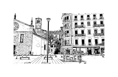 Print Building view of Lugano, İsviçre 'nin güneyinde yer alan bir şehirdir. Vektörde elle çizilmiş çizim çizimi.