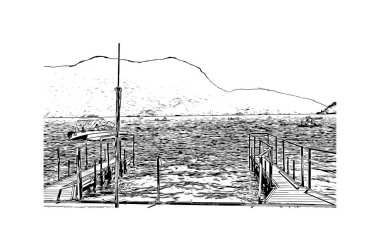 Print Building view of Lugano, İsviçre 'nin güneyinde yer alan bir şehirdir. Vektörde elle çizilmiş çizim çizimi.