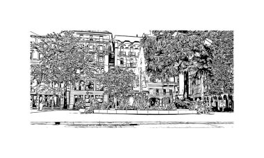 Print Building view of Lugano, İsviçre 'nin güneyinde yer alan bir şehirdir. Vektörde elle çizilmiş çizim çizimi.