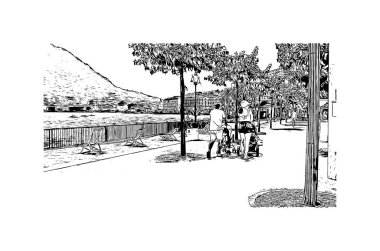 Print Building view of Lugano, İsviçre 'nin güneyinde yer alan bir şehirdir. Vektörde elle çizilmiş çizim çizimi.