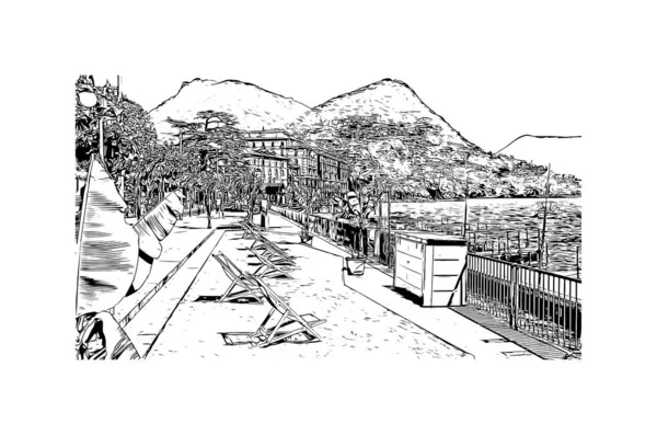 Imprimer Ville Lugano Est Située Dans Sud Suisse Illustration Dessinée — Image vectorielle