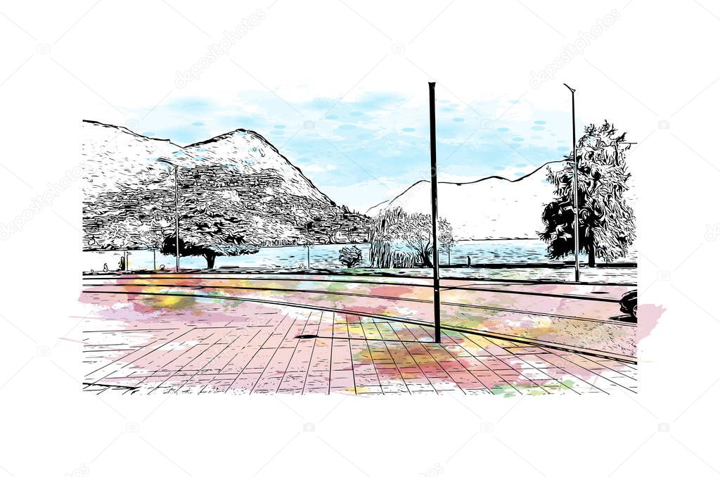 Print Building view with landmark of Lugano is a city in southern Switzerland. Watercolor splash with hand drawn sketch illustration in vector.
