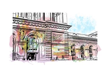 Mainz 'in simgesi olan Print Building View Almanya' da yer almaktadır. Vektörde elle çizilmiş resim ile suluboya sıçraması.