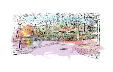 Mainz 'in simgesi olan Print Building View Almanya' da yer almaktadır. Vektörde elle çizilmiş resim ile suluboya sıçraması.