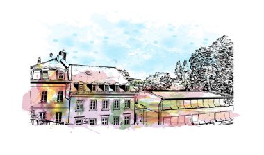 Mainz 'in simgesi olan Print Building View Almanya' da yer almaktadır. Vektörde elle çizilmiş resim ile suluboya sıçraması.