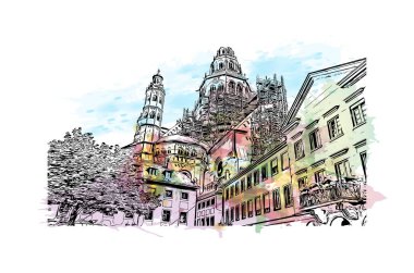 Mainz 'in simgesi olan Print Building View Almanya' da yer almaktadır. Vektörde elle çizilmiş resim ile suluboya sıçraması.