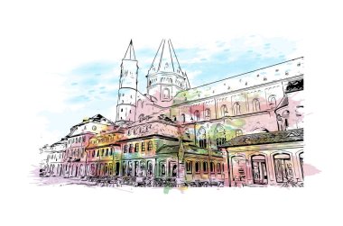 Mainz 'in simgesi olan Print Building View Almanya' da yer almaktadır. Vektörde elle çizilmiş resim ile suluboya sıçraması.