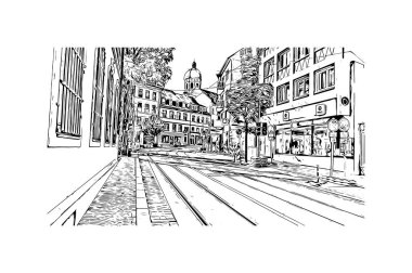 Mainz 'in simgesi olan Print Building View Almanya' da yer almaktadır. Vektörde elle çizilmiş resim ile suluboya sıçraması.