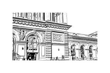 Mainz 'in simgesi olan Print Building View Almanya' da yer almaktadır. Vektörde elle çizilmiş resim ile suluboya sıçraması.