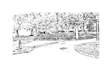 Mainz 'in simgesi olan Print Building View Almanya' da yer almaktadır. Vektörde elle çizilmiş resim ile suluboya sıçraması.