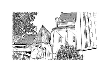 Mainz 'in simgesi olan Print Building View Almanya' da yer almaktadır. Vektörde elle çizilmiş çizim çizimi.