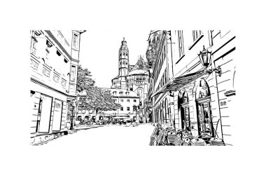 Mainz 'in simgesi olan Print Building View Almanya' da yer almaktadır. Vektörde elle çizilmiş çizim çizimi.