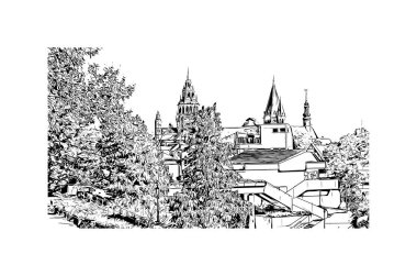 Mainz 'in simgesi olan Print Building View Almanya' da yer almaktadır. Vektörde elle çizilmiş çizim çizimi.