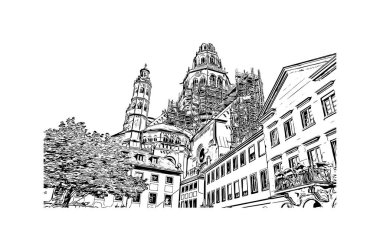 Mainz 'in simgesi olan Print Building View Almanya' da yer almaktadır. Vektörde elle çizilmiş çizim çizimi.