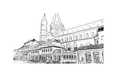 Mainz 'in simgesi olan Print Building View Almanya' da yer almaktadır. Vektörde elle çizilmiş çizim çizimi.